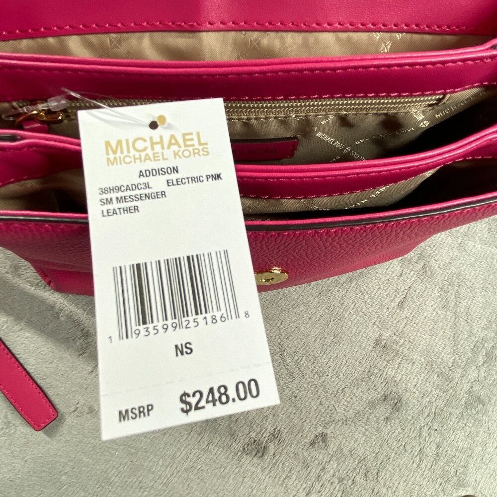 Michael Kors Addison Messenger Bag Women S Electric Pink Leather Crossbody Strap - Picture 16 of 16